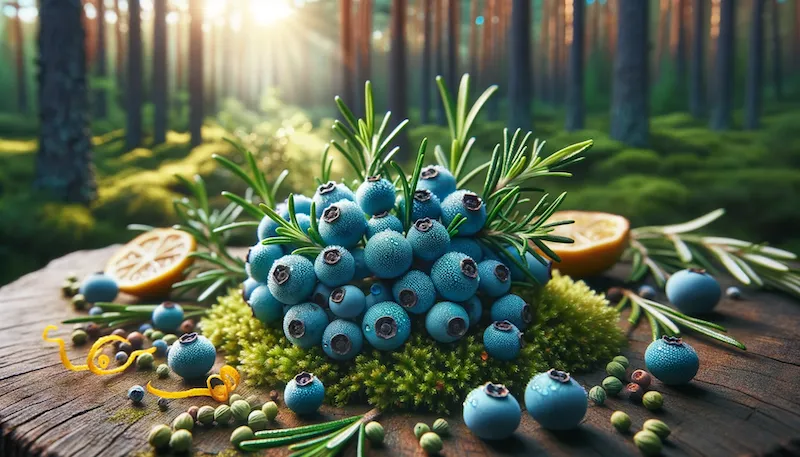 Photo of a handful of radiant blue juniper berries resting on a moss-covered forest floor. The berries shimmer with morning dew. Surrounding the berries, botanical ingredients like fresh rosemary, lemon zest, and coriander seeds are thoughtfully placed. The backdrop subtly transitions to a picturesque pine forest, with sunlight streaming through the trees creating a dappled light effect on the ground.