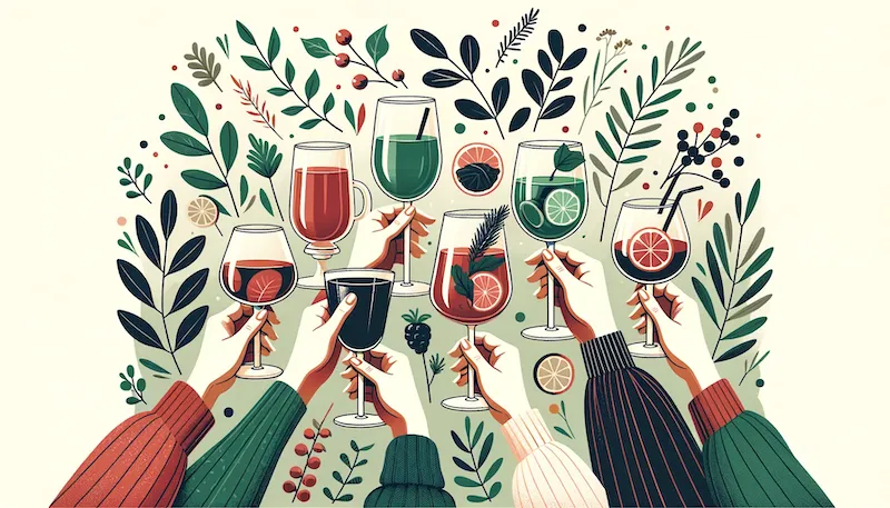 Illustration of a cozy toast scene where diverse hands clink glasses filled with a selection of drinks like red wine, green tea, and cocktail. The glasses come together in a sign of unity and celebration. The backdrop is subtly adorned with a few botanicals such as juniper berries and grape leaves, emphasizing the theme without overwhelming the scene.