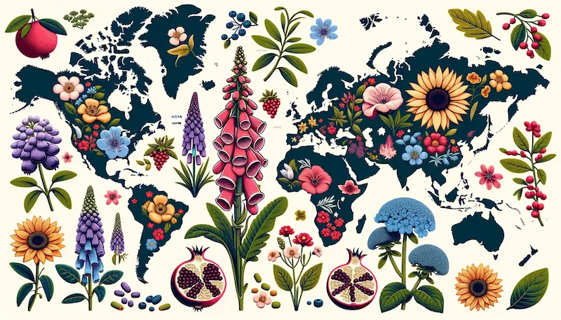 Vector design of a world map, emphasizing England, Scotland, Spain, America, and Asia. England showcases illustrations of foxgloves and elderberries. Scotland is associated with mistletoe and lingonberries. Spain gets highlighted with pomegranate flowers and bay laurel leaves. America is represented by illustrations of sunflowers and blue cornflowers. Over Asia, with a focus on Japan, drawings of chrysanthemum flowers and wasabi plants are prominently displayed. The map is adorned with these botanical symbols, making it a vibrant representation of the world's flora.